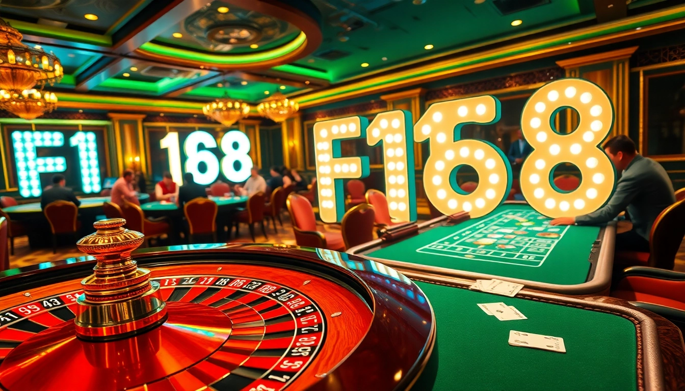 Players are betting at a luxurious F168 casino table with roulette and blackjack setups.