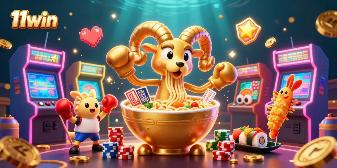 11win showcases a vibrant, animated casino scene with a giant ramen bowl dealer, interactive gaming elements, and cheerful tempura shrimp.