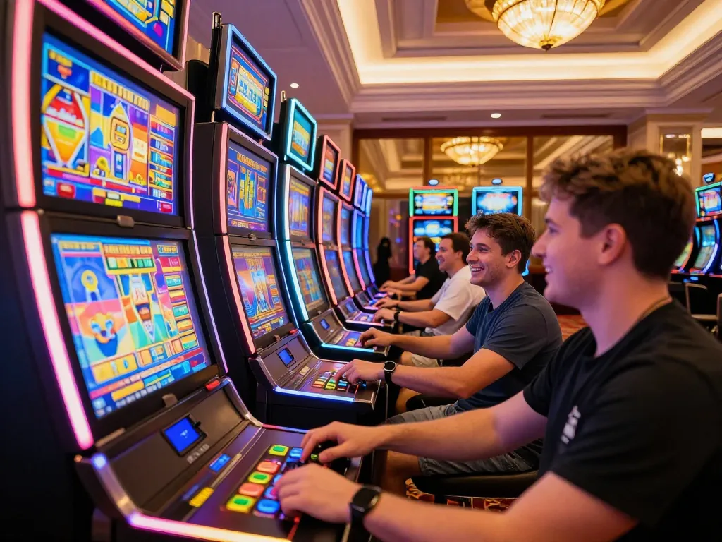 Nohu90 players engaging with colorful slot machines in a luxurious casino.