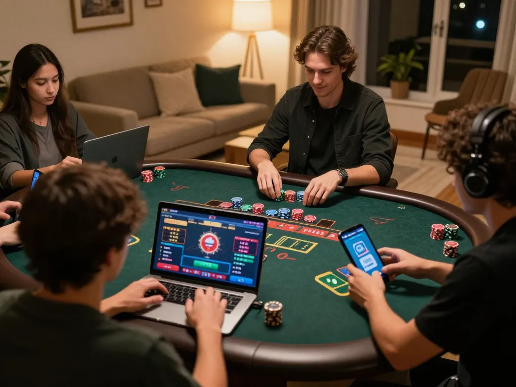 Players engaging in blackjack at home with vipwin interface on screens, showcasing strategic gameplay.