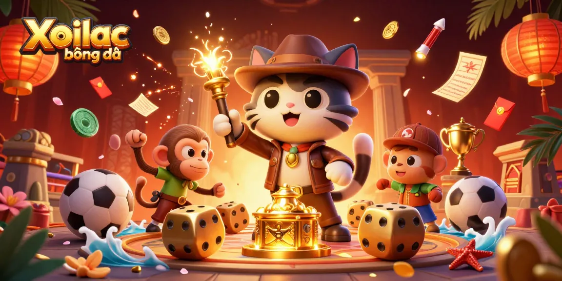 Xoilac bóng đá showcases an explorer cat and monkey friend discovering treasures in a vibrant dynamic scene.