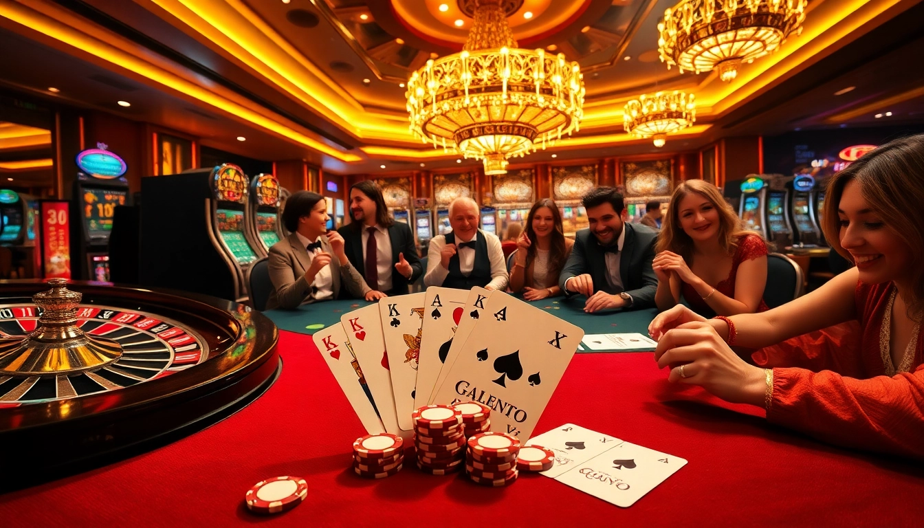 Experience the excitement of 32win com with vibrant roulette wheels and poker tables in a luxurious casino setting.