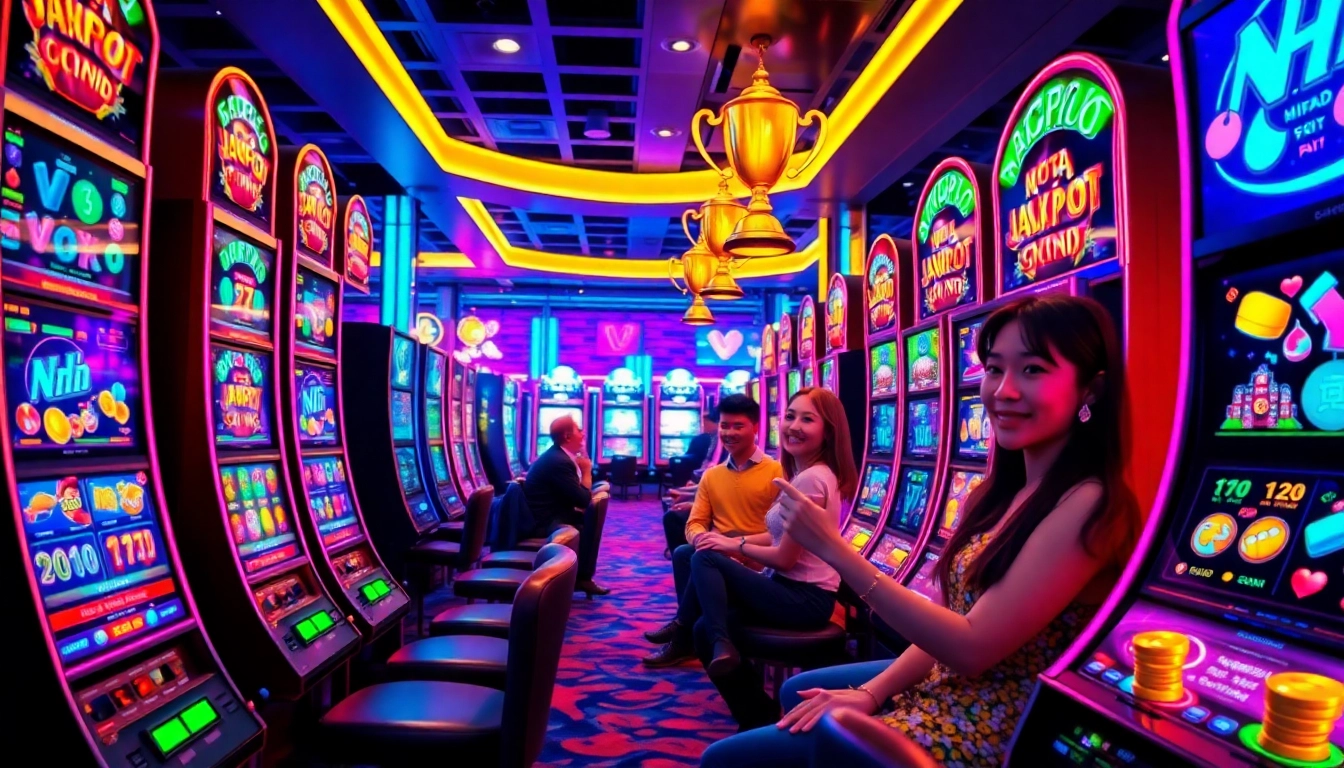 Nổ Hũ online gaming scene featuring vibrant slot machines and players winning jackpots