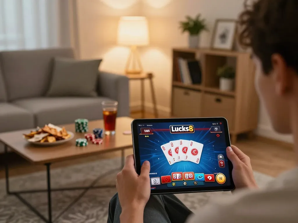 Lucks8 user engages with online casino app while enjoying a cozy home atmosphere.