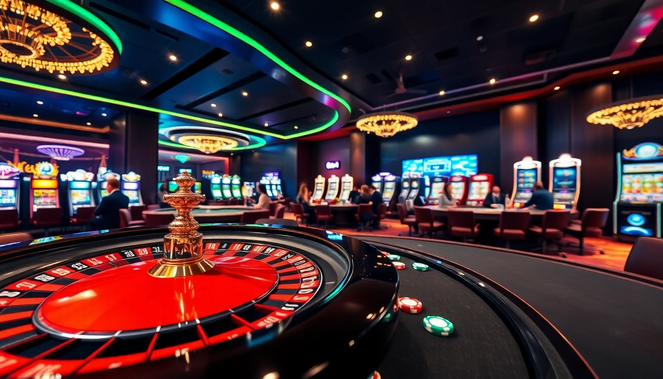 Visualize an exciting casino scene at https://bem88.com with poker chips, a roulette wheel, and enthusiastic players.