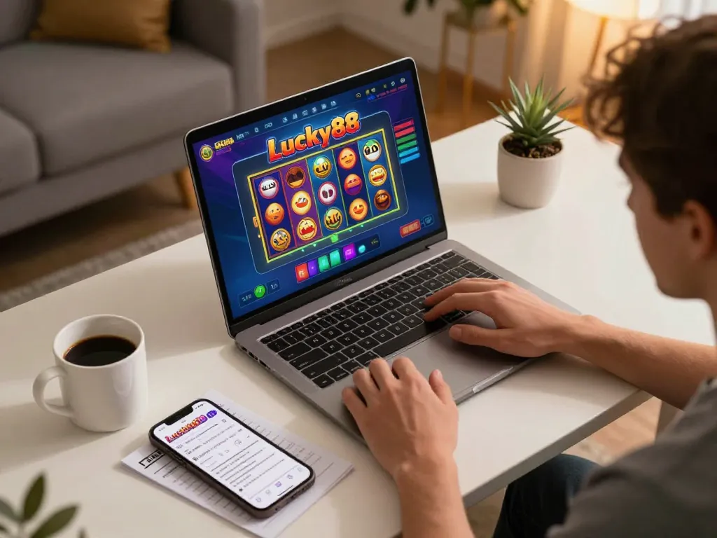 Winning with Lucky88 online slots at home, showcasing gameplay setup with notes and coffee.