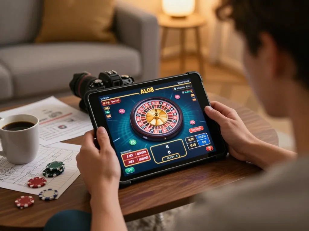 Engaging in ALO8 gaming at home with tablet screen showing roulette table and immersive setup.