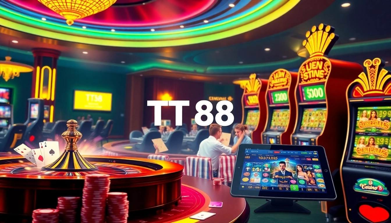 Players engaging in exciting games at TT88's vibrant casino tables with poker chips and cards.