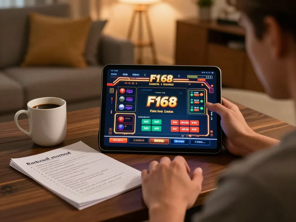 Player engrossed in F168 online gaming, showcasing a cozy gaming setup, with bankroll notes.