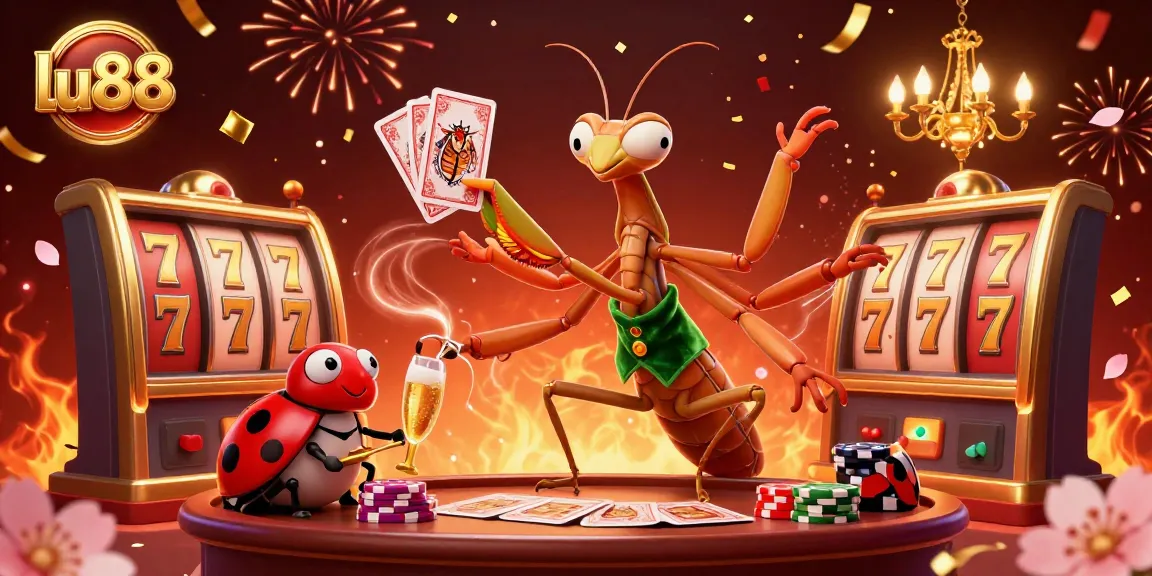 Engage with lu88 in a vibrant 3D casino scene featuring an animated mantis dealer surrounded by exciting slot game elements.