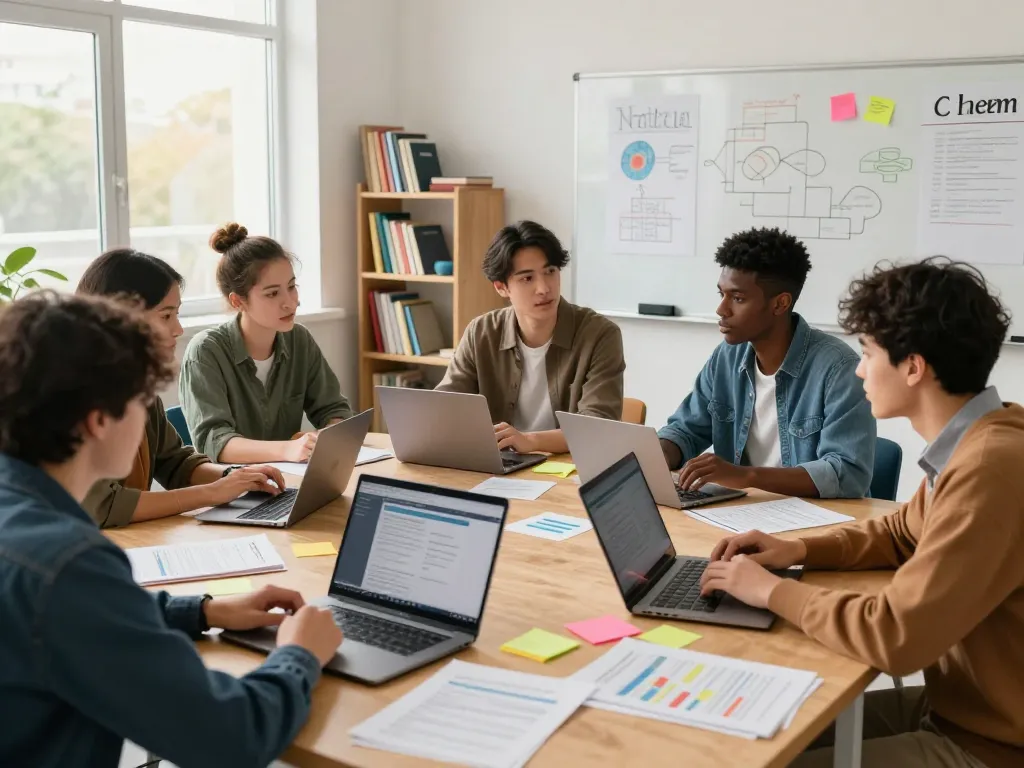 Group of Go8 university students collaborating in a bright classroom.