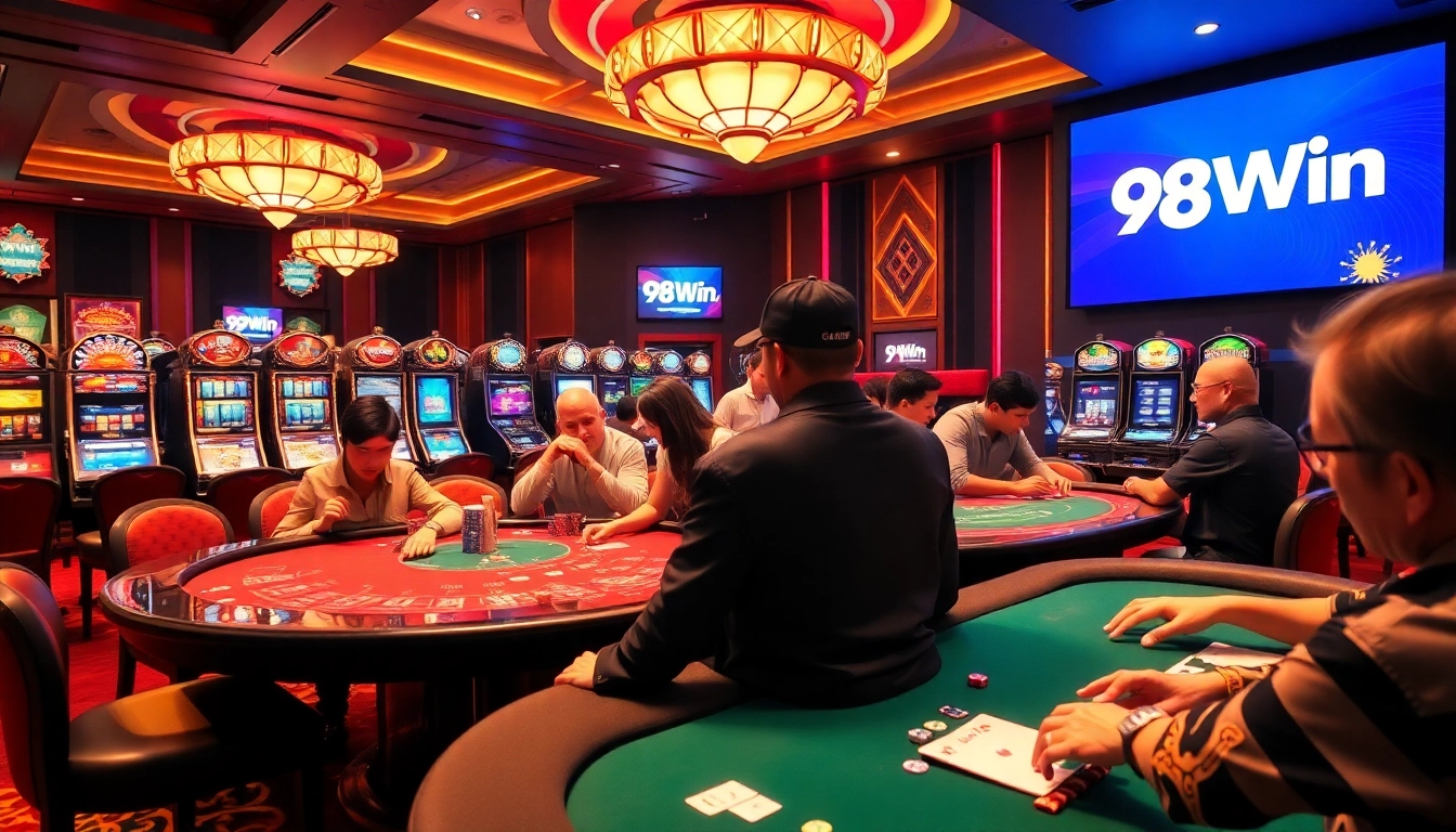 Exciting casino atmosphere with players enjoying games at 98Win tables and slot machines.