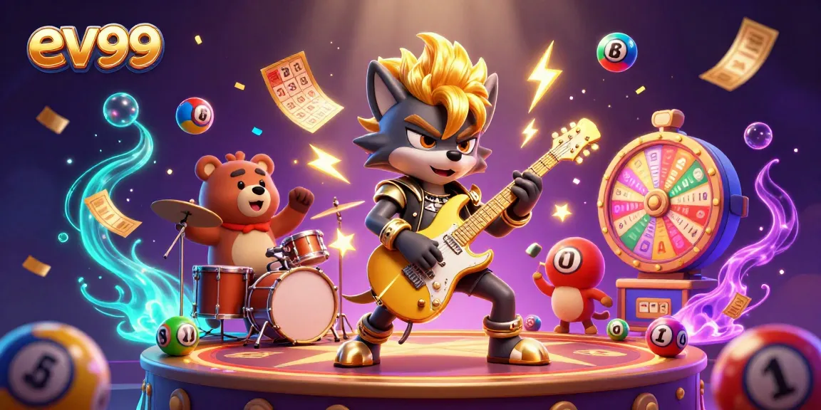 Experience the thrilling action with ev99 as a rock star wolf plays guitar on a dynamic casino stage.