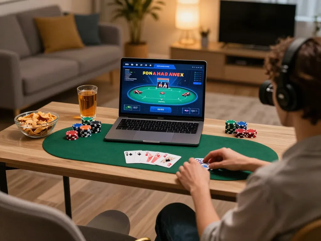 Engaging in a strategic poker game on Jdclub9vip in a cozy home environment.