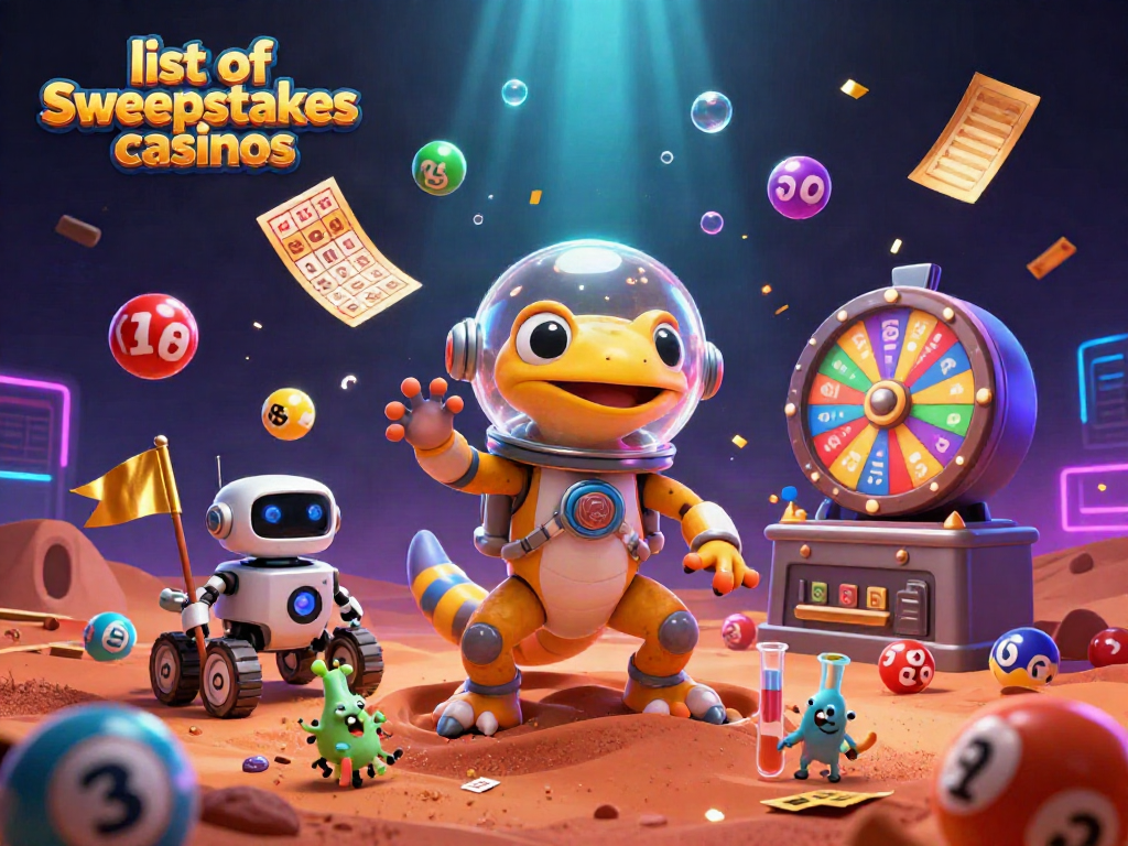 Experience the excitement of winning at the list of sweepstakes casinos with a vibrant alien-themed illustration.