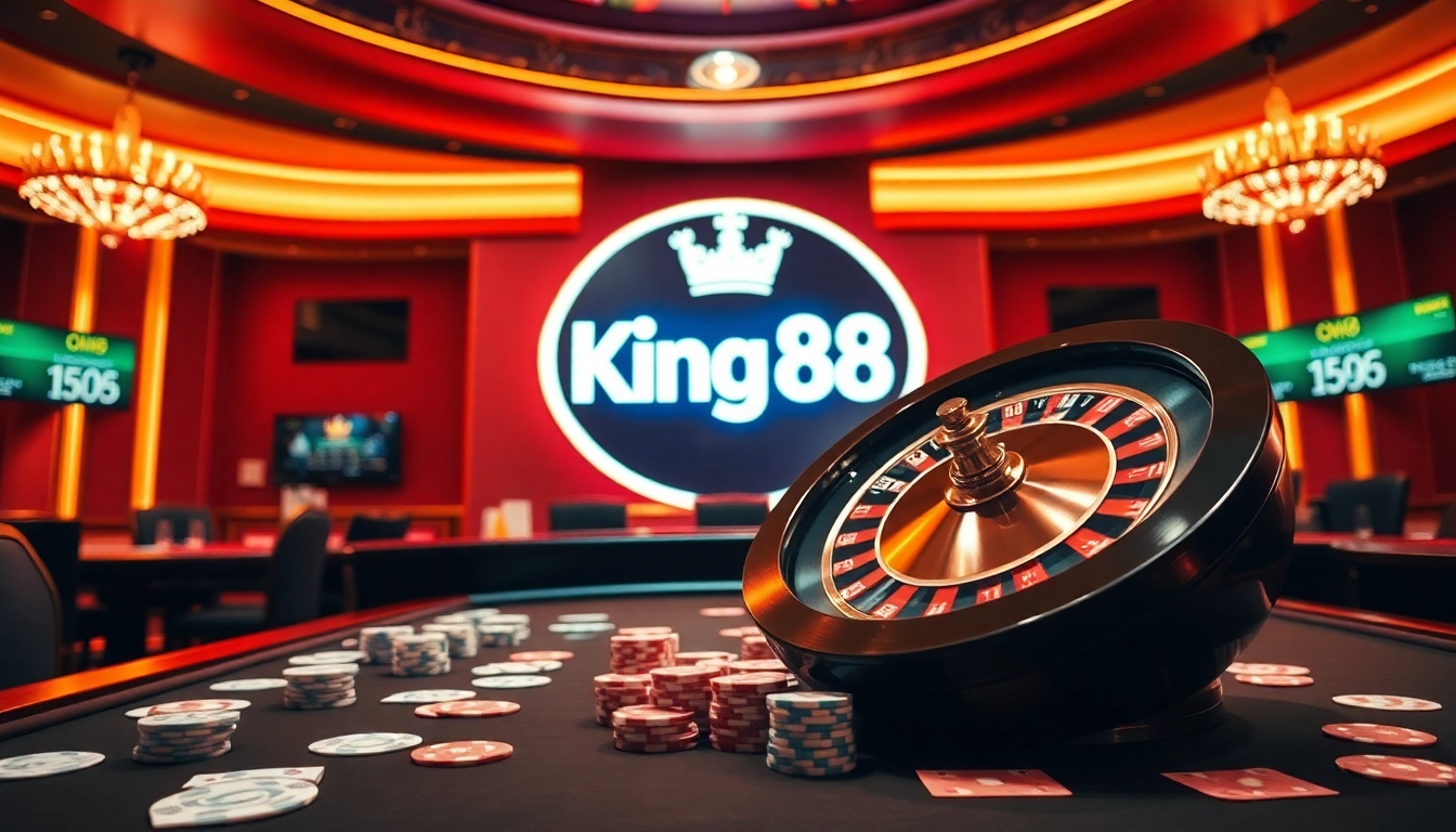 Experience the excitement of King88 with a vibrant casino scene featuring roulette and poker.