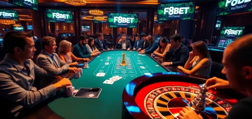 F8BET casino scene with vibrant gaming table, cards, and chips reflecting high stakes excitement.