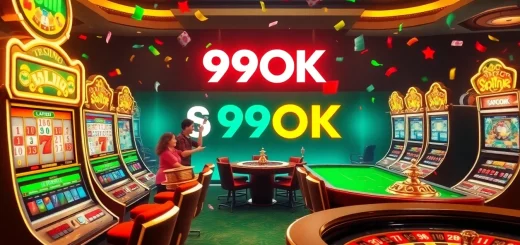 Gamblers celebrating a win at 99OK's exciting online casino with colorful slot machines and poker tables.