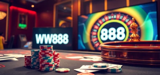 Experience the thrill of winning at ww88 with vibrant poker chips and a roulette wheel in a luxurious casino setting.