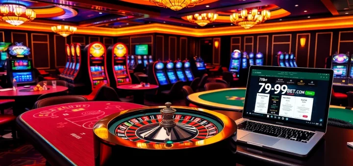 A vibrant casino scene showcasing gaming excitement at 789bet com with roulette and poker tables.