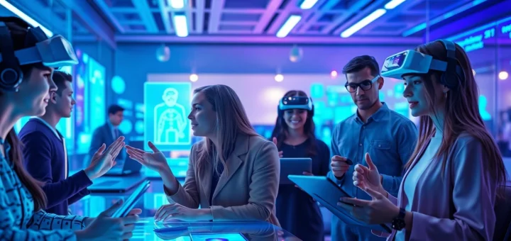 Engaging interaction with crushon AI avatars in a futuristic workspace.