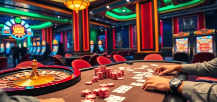 Experience the excitement of poker with Luck8 at a luxury casino table surrounded by vibrant chips and cards.