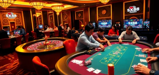 SX88 gamblers passionately engaging in poker, showcasing the excitement of casino gameplay.