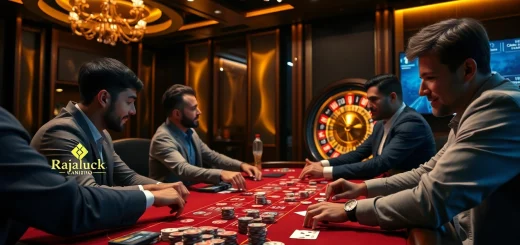Engaging players strategizing at the Rajaluck casino table with cards and chips under glamorous lighting.