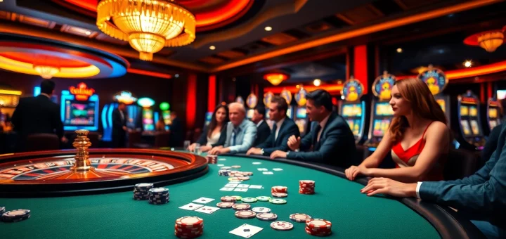 Players enjoying a thrilling poker game at https://8xbetsports.com in a vibrant casino setting.