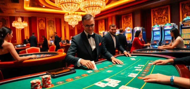 Enjoying an intense game at hdbet com's luxurious casino tables with vibrant chips and cards.