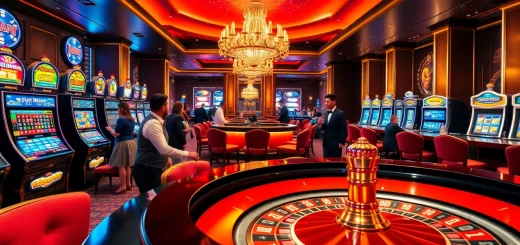 Action-packed scene at a sunwin-themed casino with players enjoying roulette and slot machines.