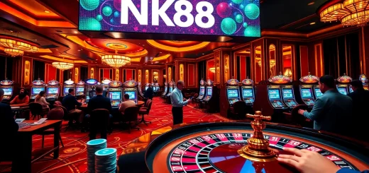 Engaging players around a roulette table with casino excitement, featuring NK88 prominently.