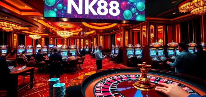 Engaging players around a roulette table with casino excitement, featuring NK88 prominently.