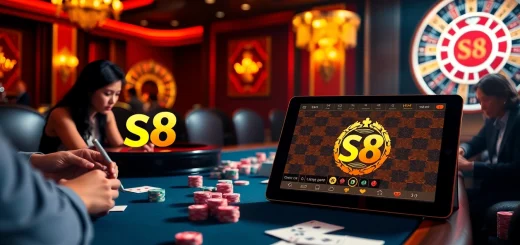 Cổng game S8 features an exciting casino poker scene with colorful chips and engaging players.