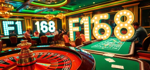 Players are betting at a luxurious F168 casino table with roulette and blackjack setups.
