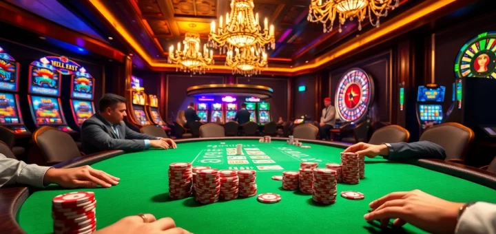 Players strategizing at a poker table with mint88-themed décor and vibrant casino atmosphere.
