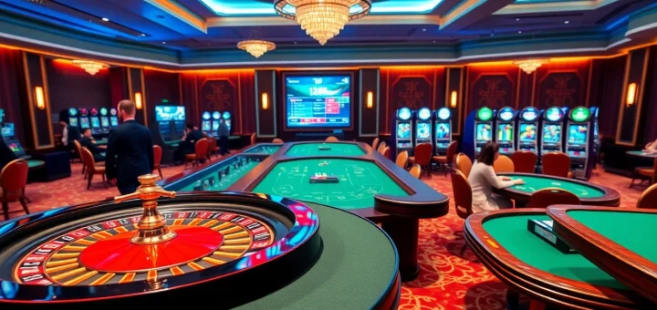 Experience thrilling casino action at iq88 co with a bustling scene featuring roulette and poker tables.