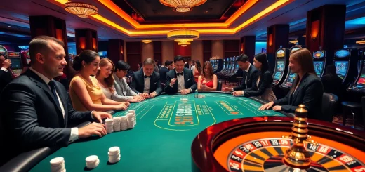 Players winning at EV88 gaming table with vibrant slot machines and poker chips.