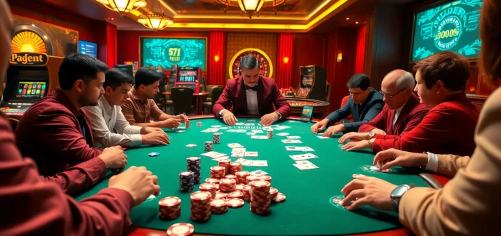Players engaging intensely at a poker table, embodying builders of winning strategies in an elegant casino setting.