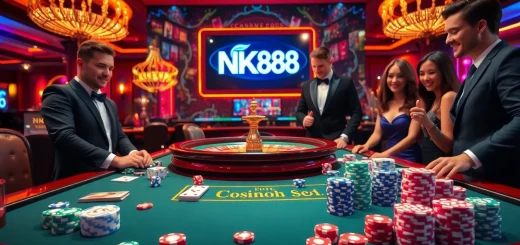 Experience the excitement of NK88 at a luxury casino with poker chips, dice, and a roulette wheel.