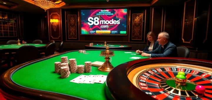 Exciting casino scene depicting players at S8mode.com poker tables with vibrant chips and cards.