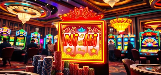 Playing nổ hũ in a luxurious casino environment with vibrant slot machines and poker chips.