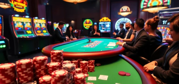 Engaged gamblers at a stylish casino table using TR88 poker chips amidst vibrant slot machines.