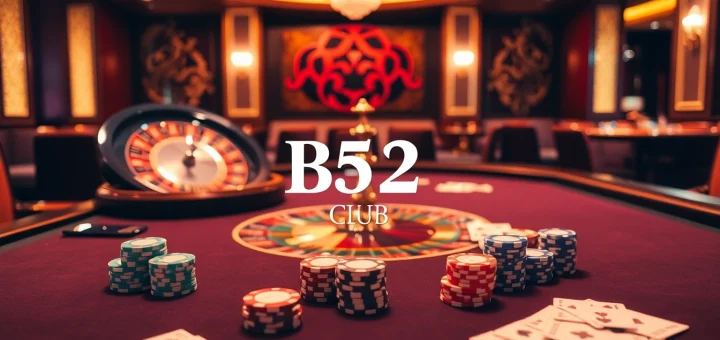 Experience excitement at the B52 Club poker table with vibrant chips and cards.