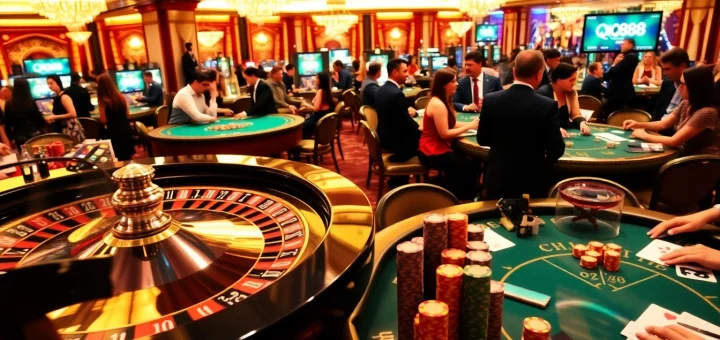 Excited gamblers enjoying luxury casino gaming at IQ88, featuring roulette and poker tables.