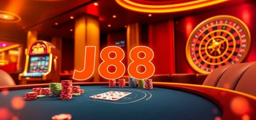 Experience the thrill of J88 gambling at a vibrant casino table with cards and chips.