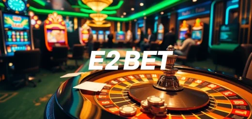 Experience the excitement of high-stake games with E2 BET in a luxurious casino setting, featuring roulette and vibrant slot machines.