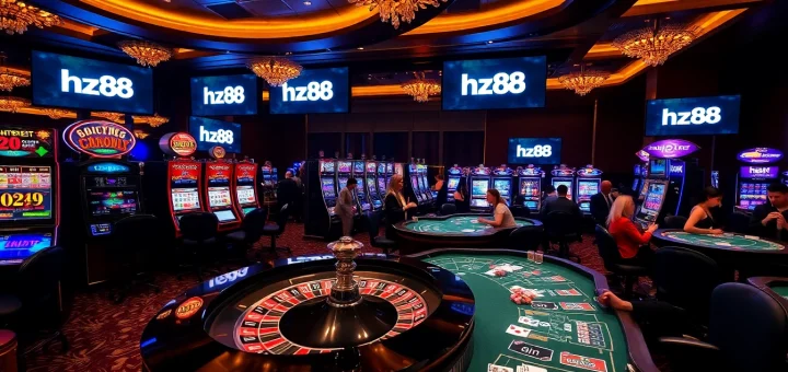 Experience the thrill of gambling with HZ88 in a vibrant casino scene featuring roulette and poker.