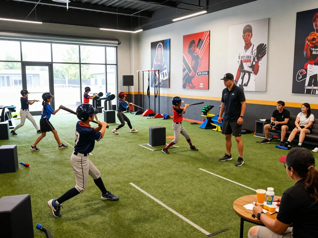 Hitclub baseball training scene with young athletes practicing swings in a bright indoor facility.