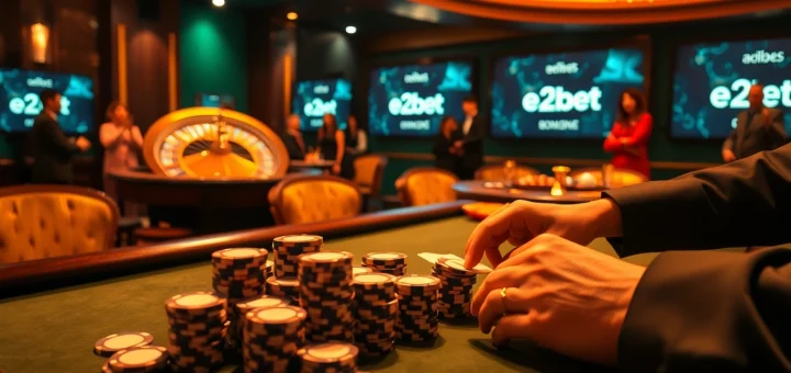 E2bet poker scene with high-stakes action, showcasing colorful chips and a roulette wheel.